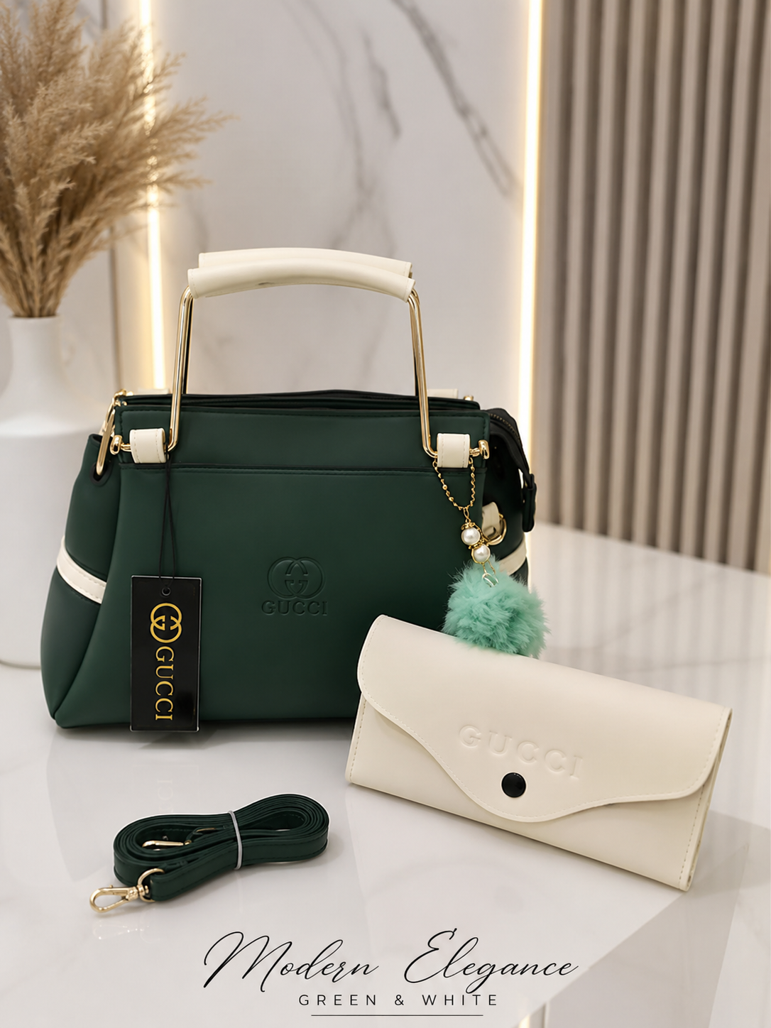 Green White Gucci Handbag Set with Clutch